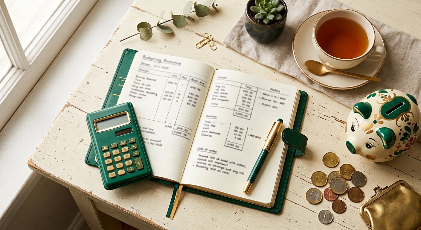 Budgeting notebook with calculator, coins and piggy bank