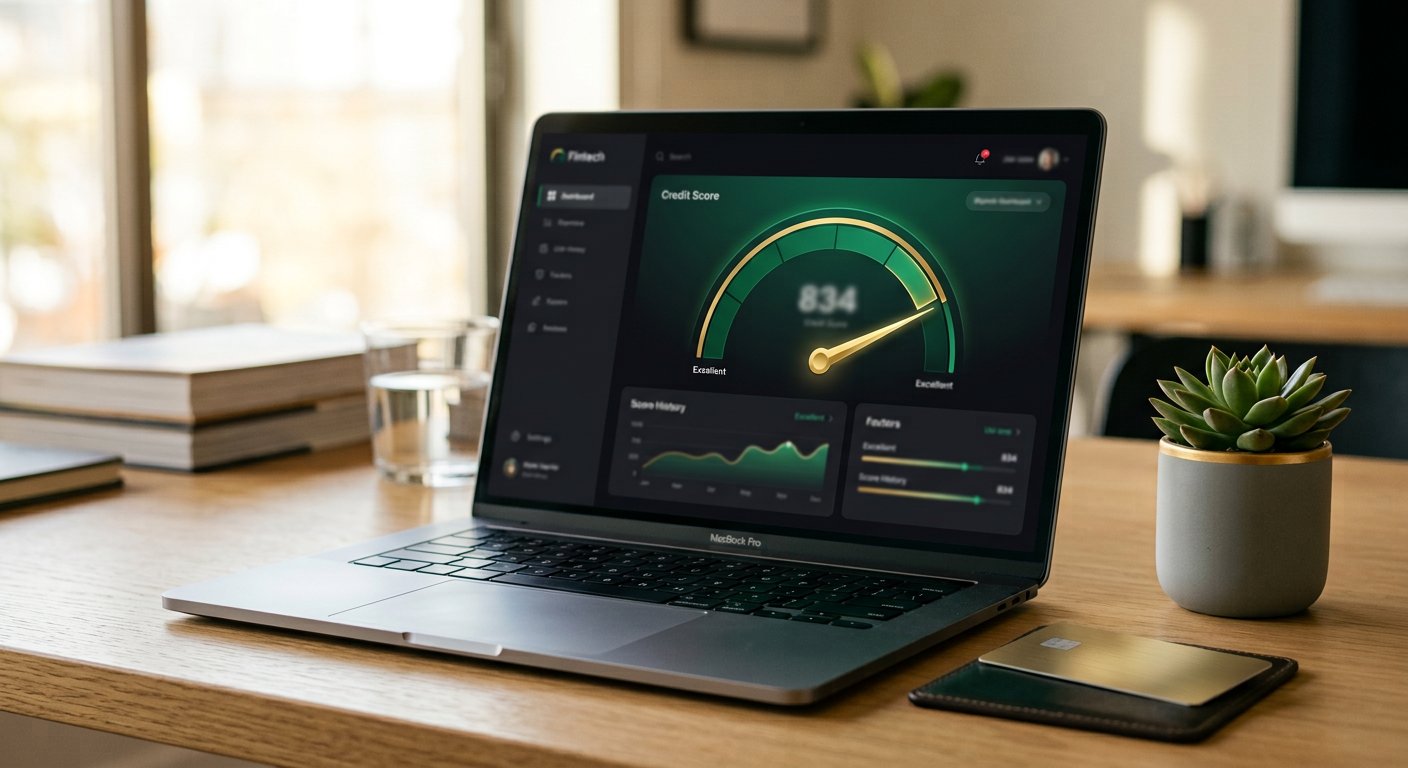 Laptop showing a credit score gauge in the excellent zone