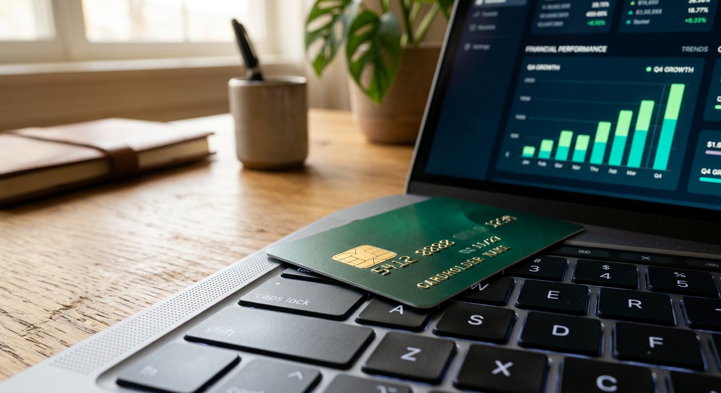 Credit card beside a laptop showing a rising chart