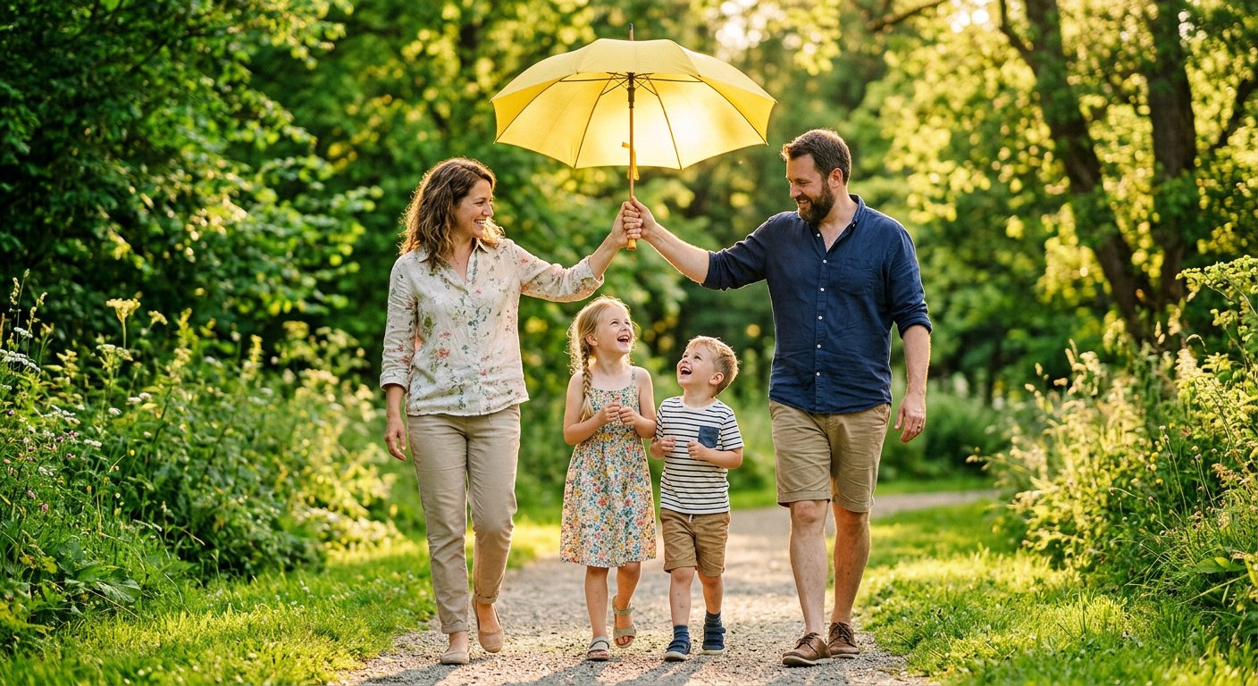 Parents holding an umbrella over their children in a park