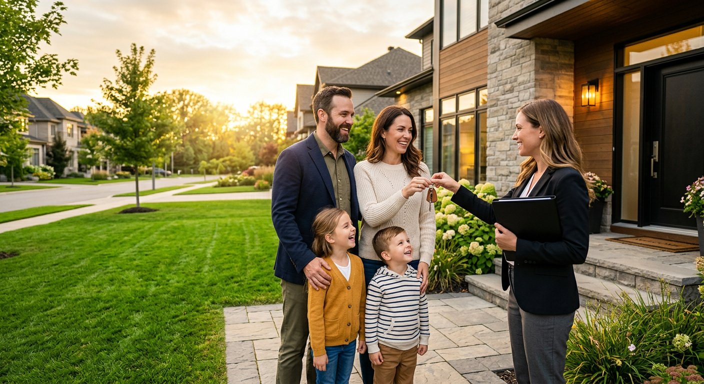 Family receiving house keys in front of their new home
