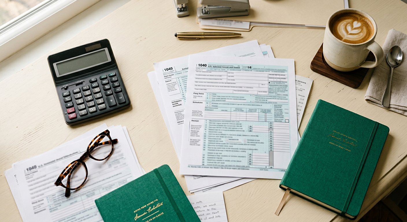 Tax documents, calculator and pen arranged on a desk